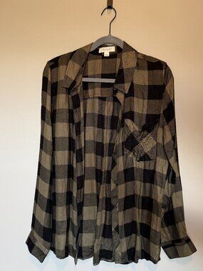 Becool Plaid Button Up Top Size L Green Black Lightweight Flannel Shirt Layering
